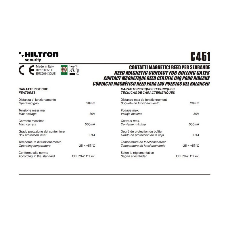 Made in Italy HILTRON alarm system components MAGNETIC CONTACT SENSOR FOR ROLLING SHUTTERS PRIVATE LABEL AVAILABLE