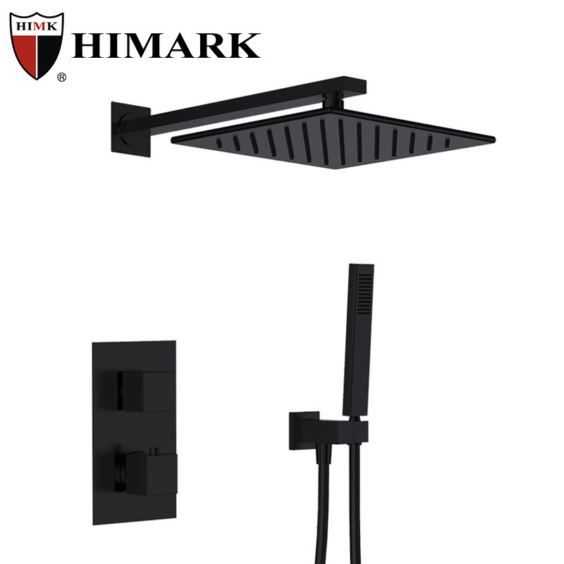 HIMARK luxury wall mounted black shower faucet set brass body concealed thermostatic faucet shower mixer rainfall shower system