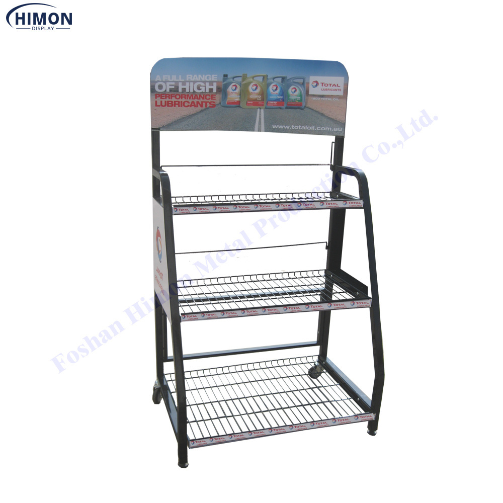 custom hot free standing shop floor metal wire shelf display rack on wheels display unit