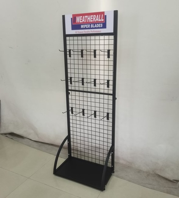 retail shop store custom wire mesh metal grid panel hook hanging merchandise floor products display stand rack