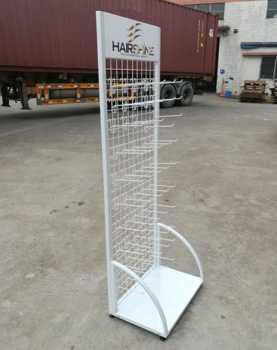 retail shop store custom wire mesh metal grid panel hook hanging merchandise floor products display stand rack