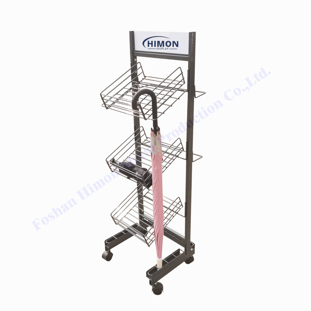 retail store shop movable with wheels metal slanted wire basket shelves umbrella display stand rack