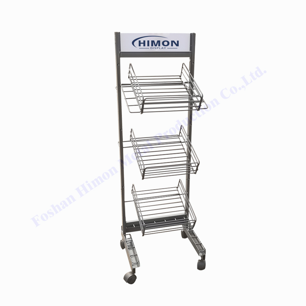 retail store shop movable with wheels metal slanted wire basket shelves umbrella display stand rack