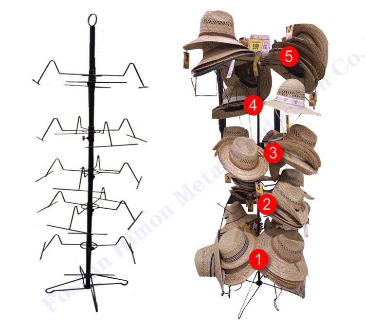 Retail store portable 6 tiers metal floor Wire Holder Rotating Retail Hanging Hat Cap Rack Display Stand