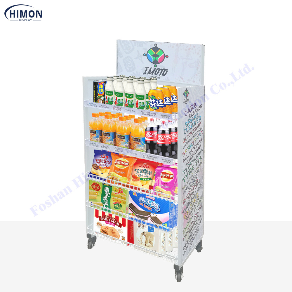 retail grocery store shop display unit products for snacks candy drinks store wire baskets metal stand on wheels