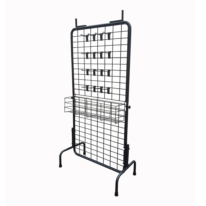 Double Side Retail Hand Bags Display Stand Racks Shelf With Hooks Metal Wire Grid Stand Display