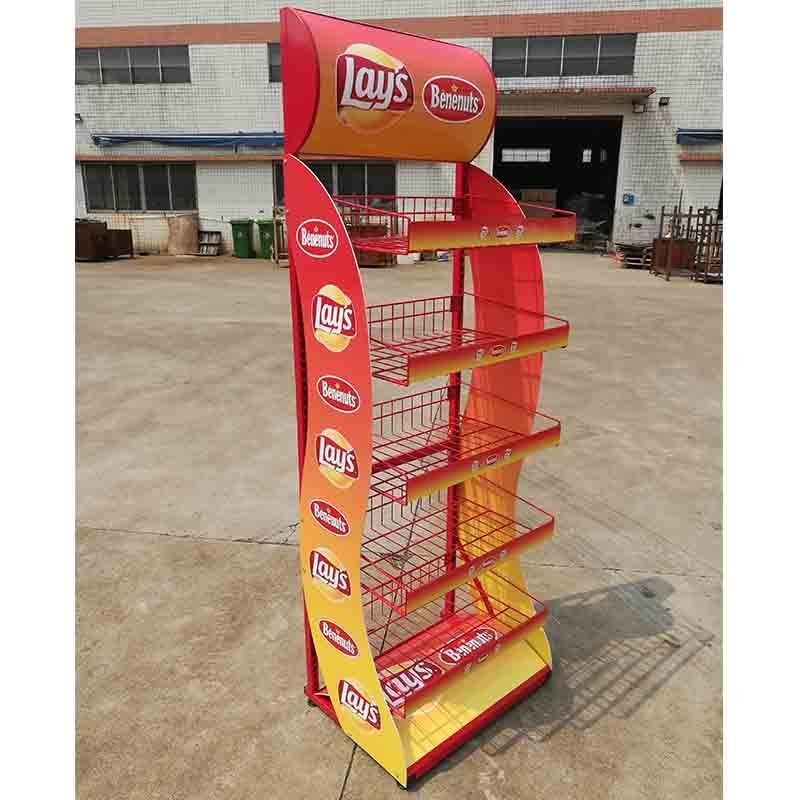 Supermarket  Custom Retail Store Shop Metal 5 Wire Baskets  Floor Shelves Lays Potato Chips  Display Rack Stand