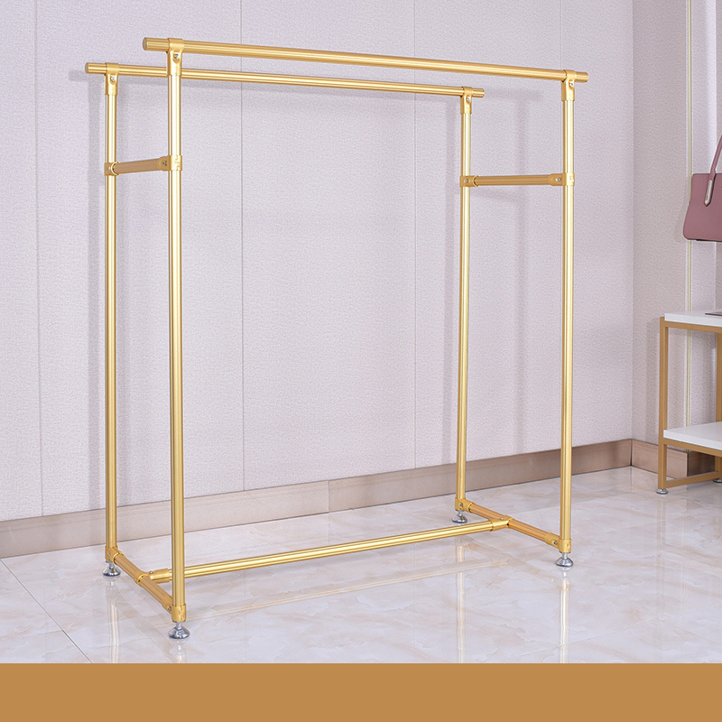 luxury retail fashion portable double bar clothing shops store hanging gold clothes display stand rack