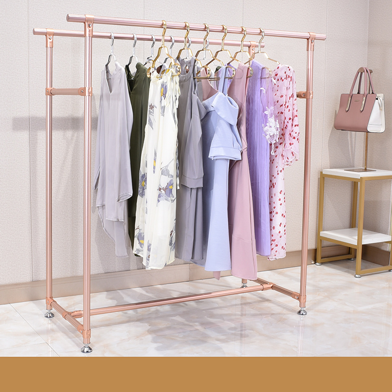 luxury retail fashion portable double bar clothing shops store hanging gold clothes display stand rack