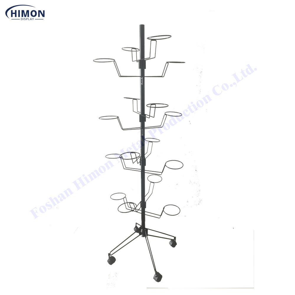 Metal  4 tiers Portable floor Wire Holder Rotating Retail Hanging Hat Cap Rack Display Stand