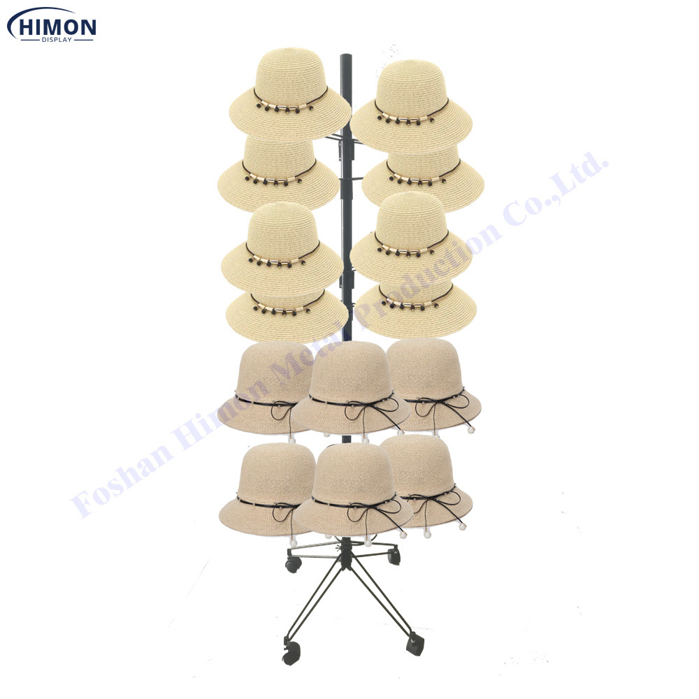 Metal  4 tiers Portable floor Wire Holder Rotating Retail Hanging Hat Cap Rack Display Stand