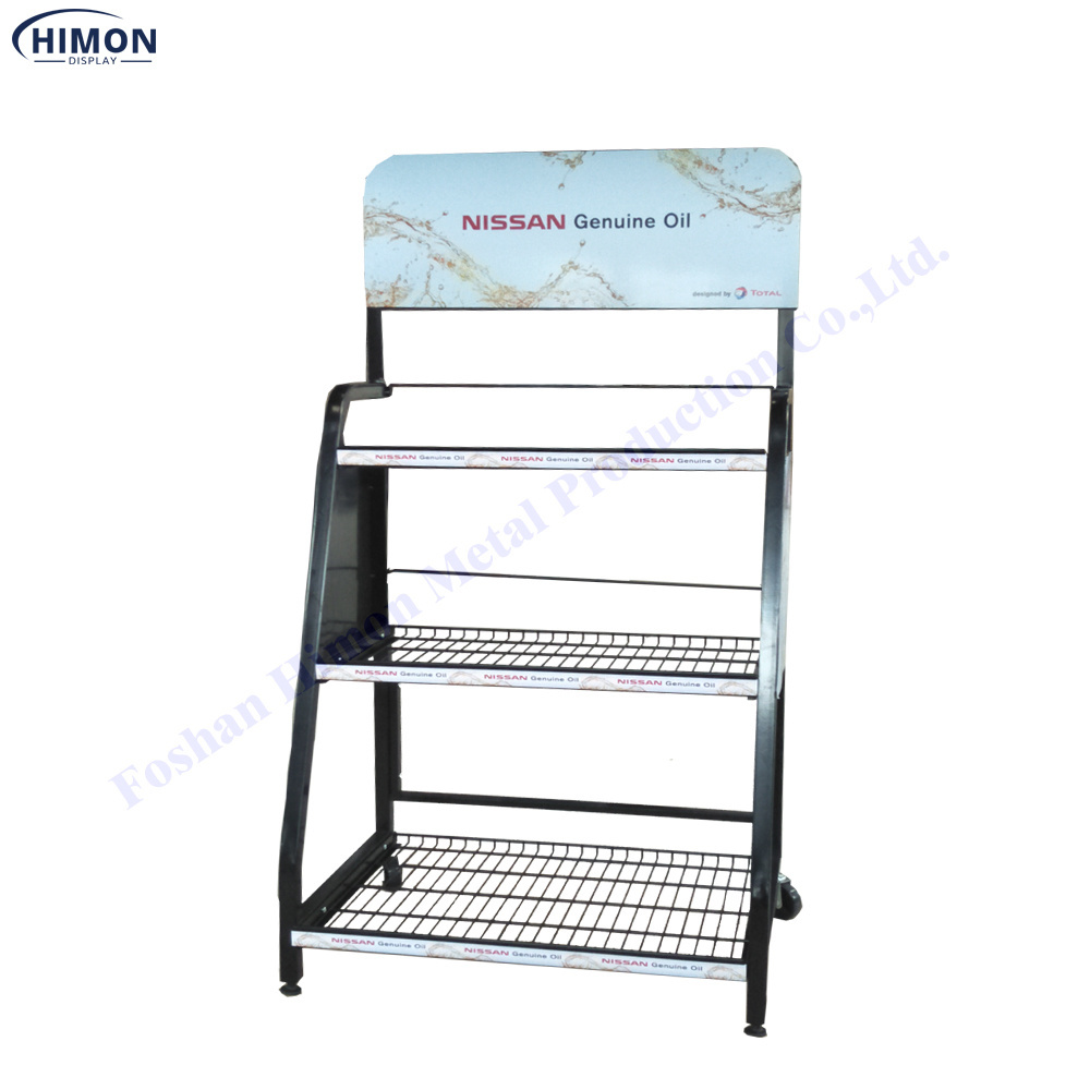 custom hot free standing shop floor metal wire shelf display rack on wheels display unit