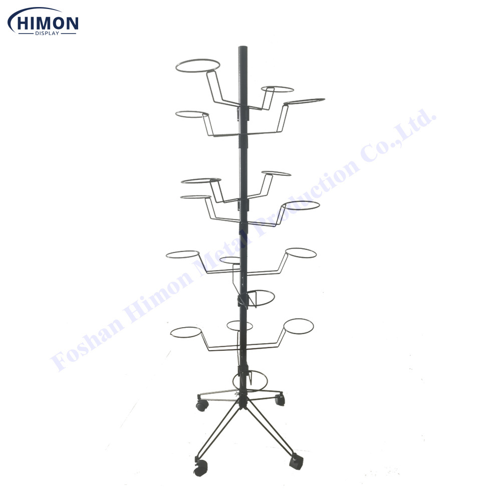 Metal  4 tiers Portable floor Wire Holder Rotating Retail Hanging Hat Cap Rack Display Stand