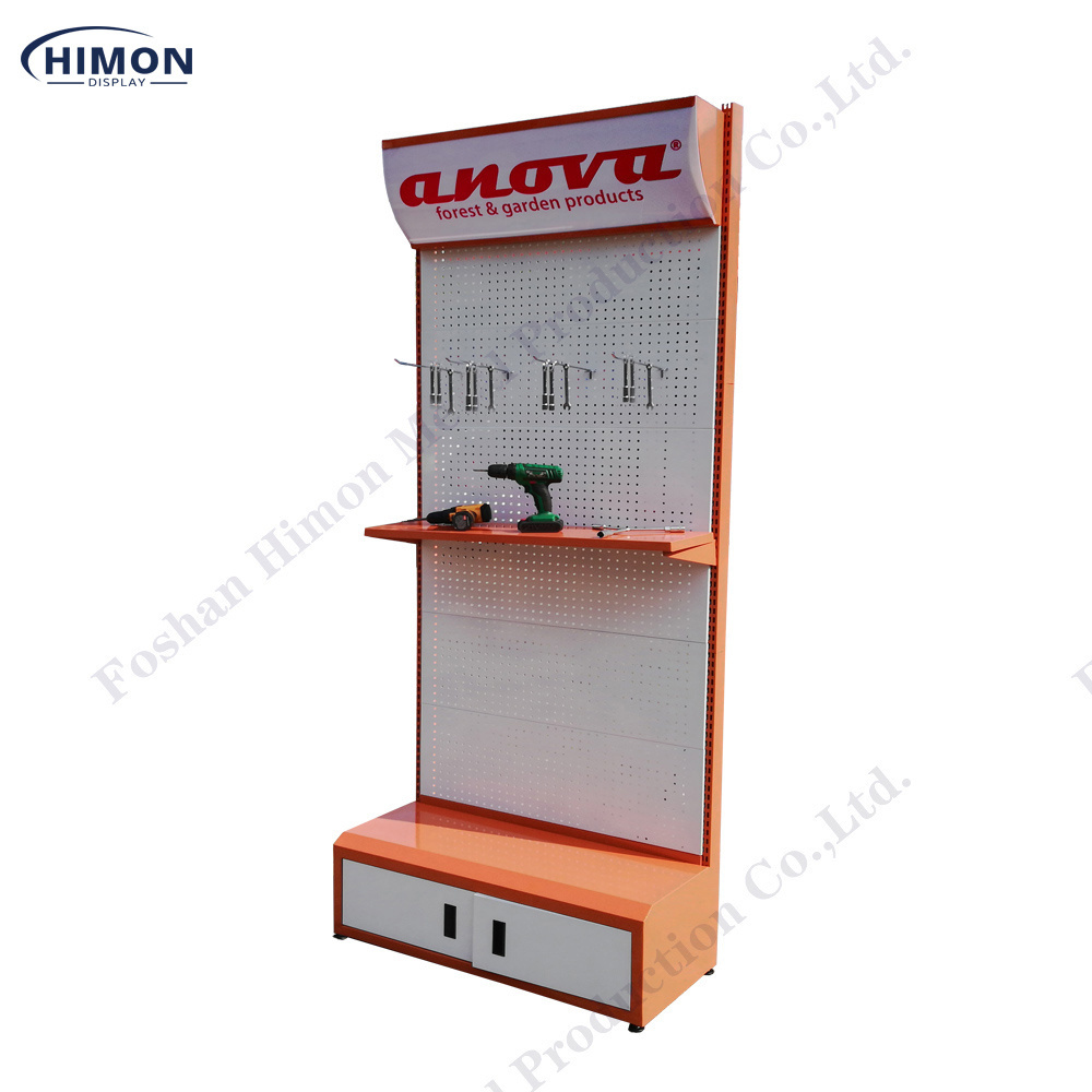 retail trade show metal hardware store peg board merchandising stand garden tools accessory display shelving exhibidor rack