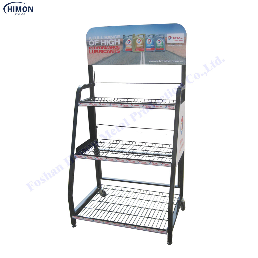 custom hot free standing shop floor metal wire shelf display rack on wheels display unit