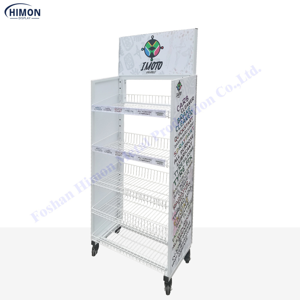 retail grocery store shop display unit products for snacks candy drinks store wire baskets metal stand on wheels