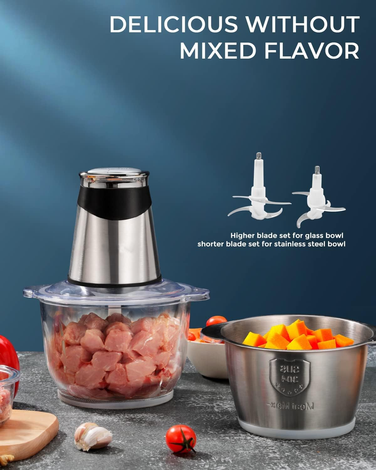 OEM Factory Wholesale Multifunction Cheap Price Glass Bowl Electric Meat Grinder Stainless Steel Large Food Meat Chopper 2 Bowls