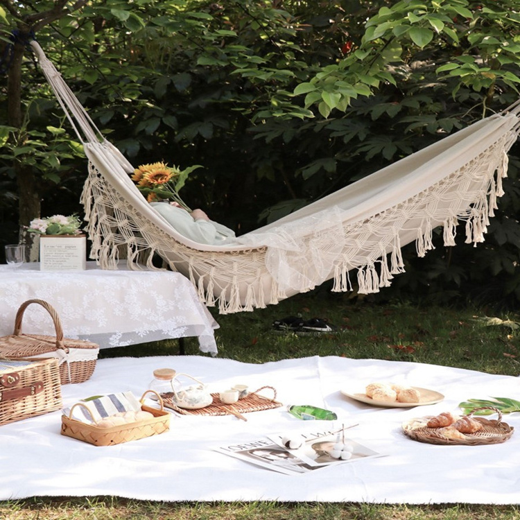 High Quality Portable Polyester Cotton Canvas Outdoor Hammock Tassel Hammock Garden Hammock