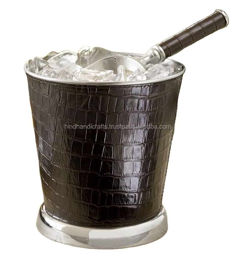 Leather Covered Stainless Steel Ice Bucket/Wine Cooler with Ice Scoop