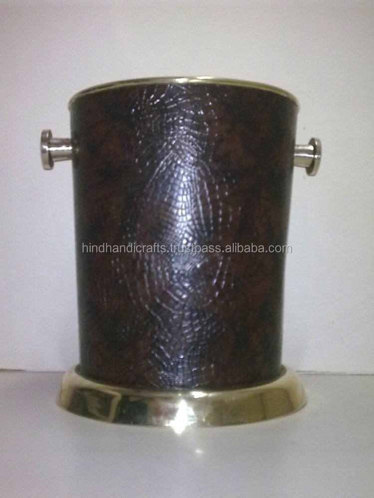 Leather Covered Stainless Steel Ice Bucket/Wine Cooler with Ice Scoop