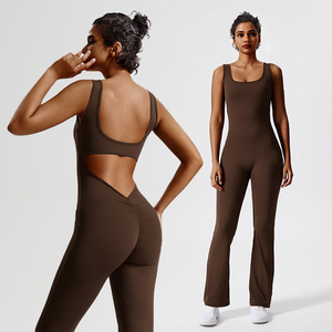 Hingto Custom Women Onesie Flare Butt Lifting Leggings Pants One-Piece Yoga Suit Gym Fitness Playsuit Jumpsuit Bodysuit