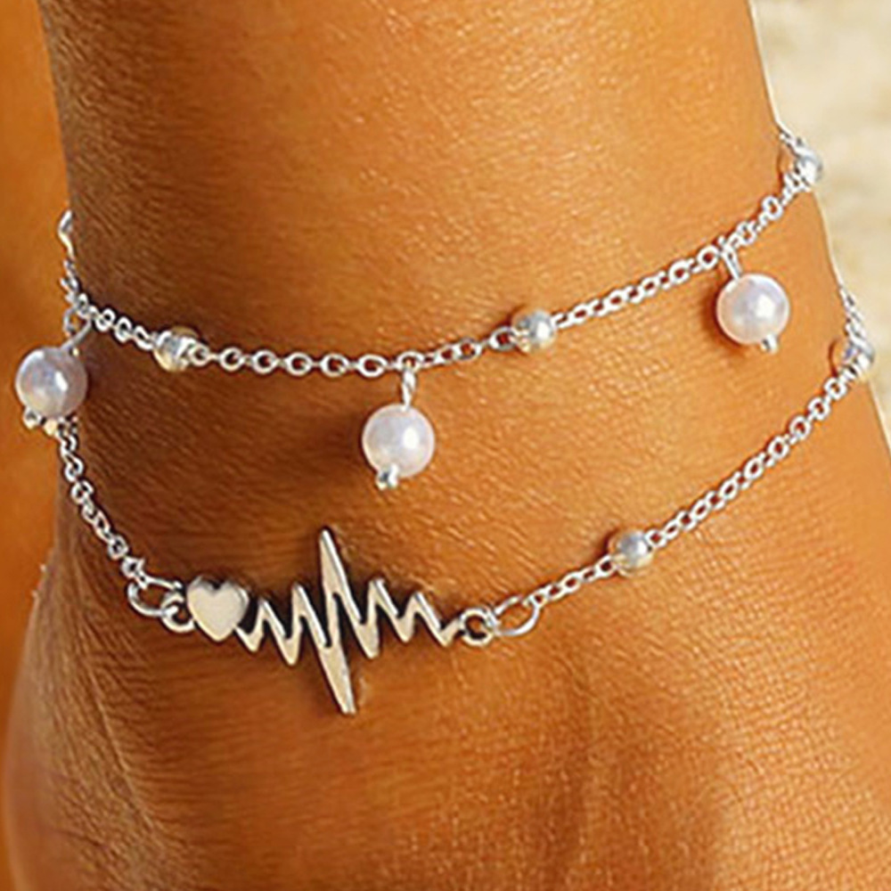 Personality Holiday Beach ECG Heart Ankle Bracelet Bohemian Double Layer Pearl Silver Anklet For Women