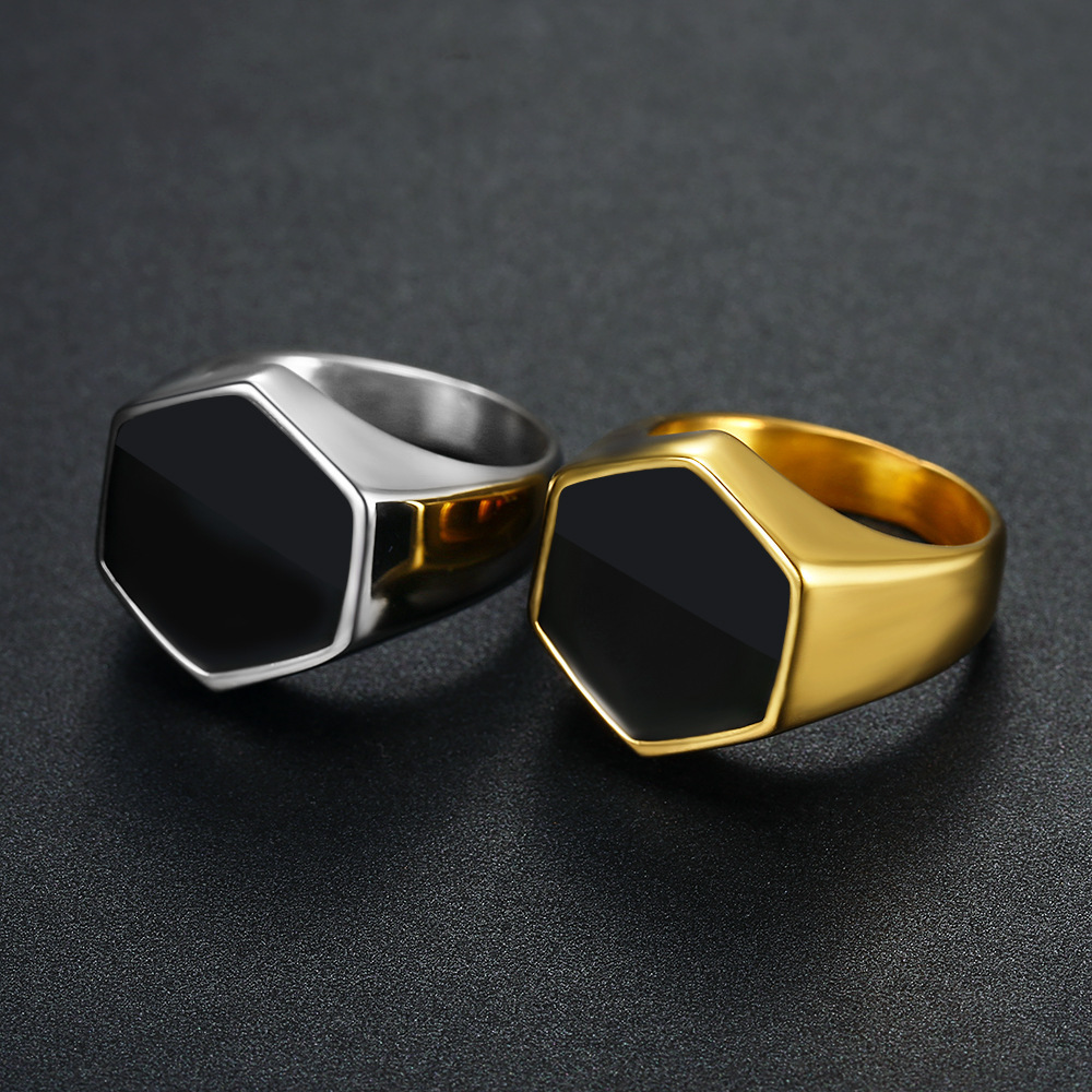 European And American Wholesale Personality Simple Square Black Gold Silver Dripping Rings Men Stainless Steel Ring