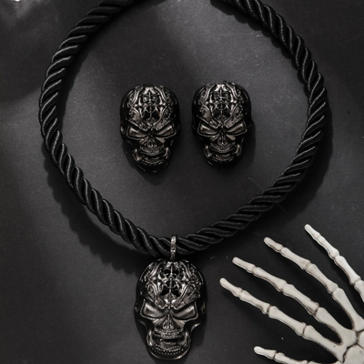 Punk Hip Hop Halloween Jewelry Sets Statement Vintage Skull Head Earrings Necklace for Men Women