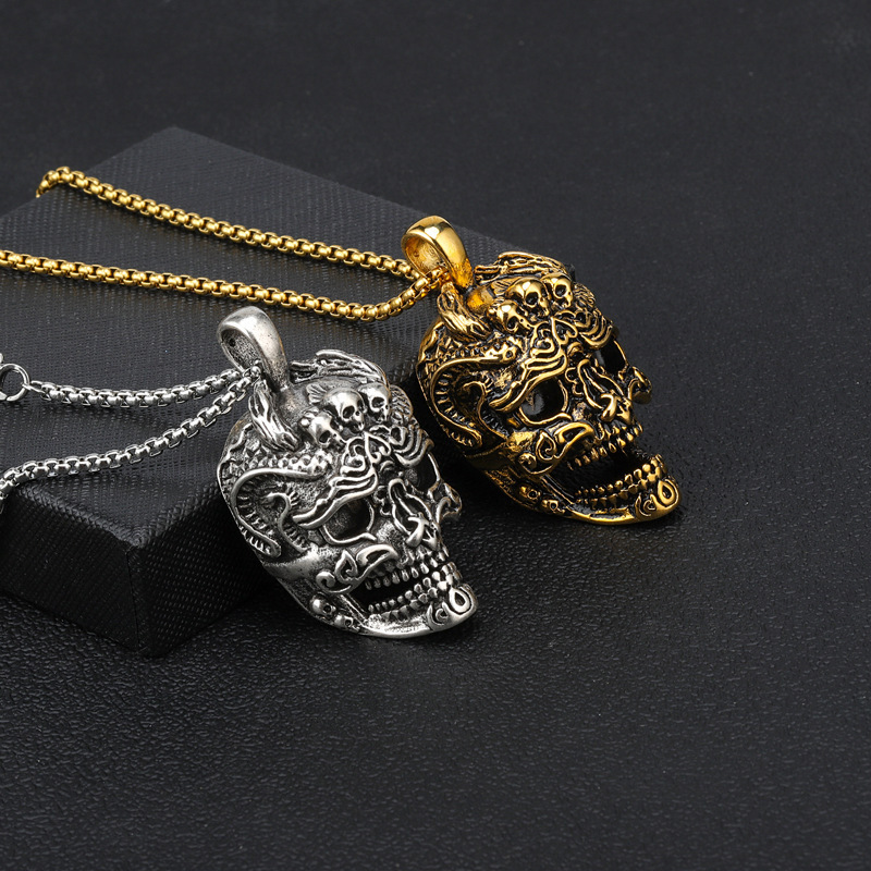 Antique Skull Mask Demon Stainless Steel Chains Mens Gothic Punk Pendant Choker Necklace