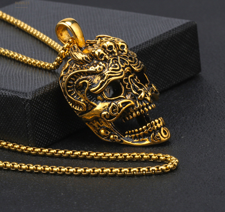 Antique Skull Mask Demon Stainless Steel Chains Mens Gothic Punk Pendant Choker Necklace