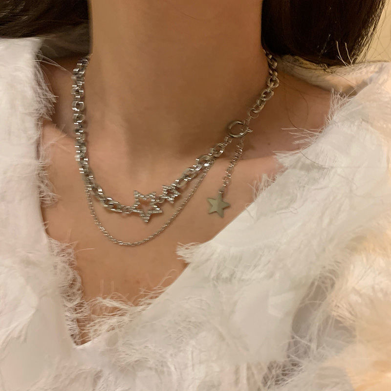 Korean Fashion Silver Star Double Layered Tassel Necklace Female Hip Hop Short Collar Bone Chain Choker Necklace For Women