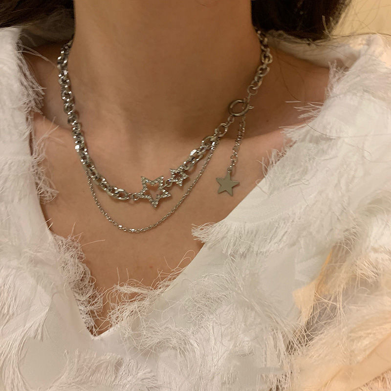 Korean Fashion Silver Star Double Layered Tassel Necklace Female Hip Hop Short Collar Bone Chain Choker Necklace For Women