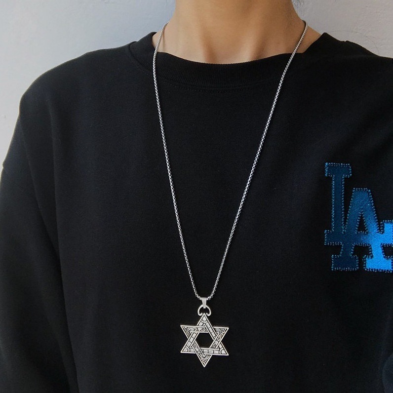 Fashion Stainless Steel Silver Color Religious Amulet Men Statement Israel Star of David Pendant Necklace