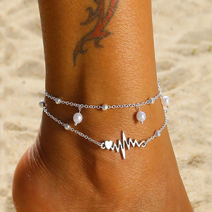 Personality Holiday Beach ECG Heart Ankle Bracelet Bohemian Double Layer Pearl Silver Anklet For Women