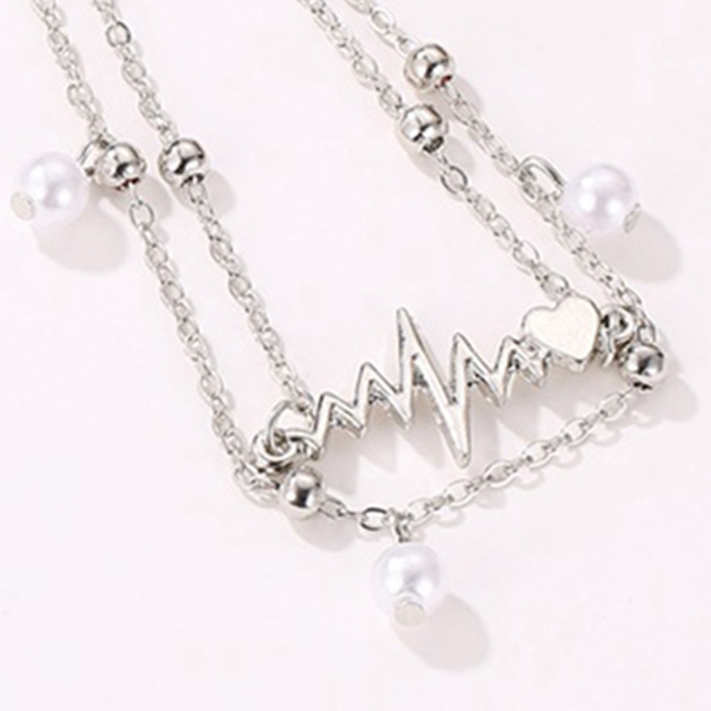 Personality Holiday Beach ECG Heart Ankle Bracelet Bohemian Double Layer Pearl Silver Anklet For Women