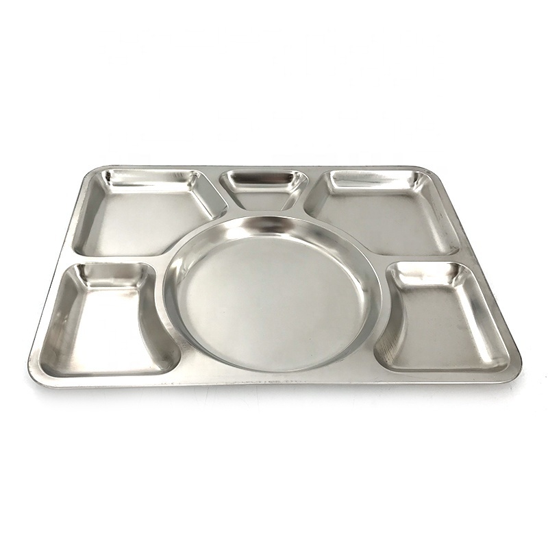 Student Factory food tray 6 Compartment Cafeteria Food Tray Cafeteria Eating Stainless Steel Mess Tray Plates