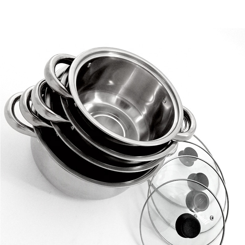 Southeast Asia hot sell soup pot 410 stainless steel Cookware Sets saucepan with glass lid