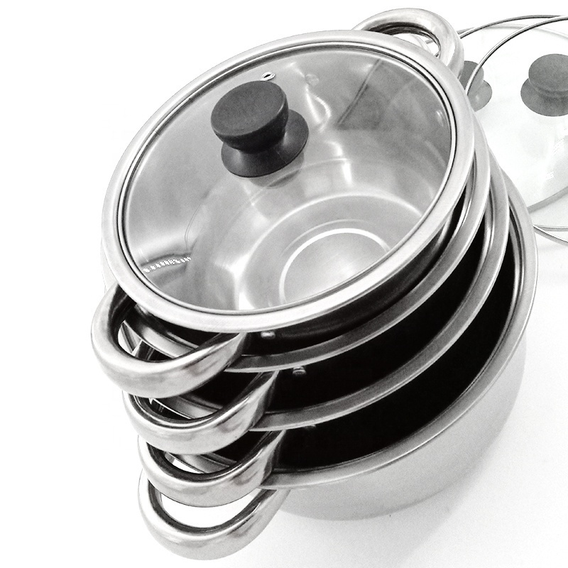 Southeast Asia hot sell soup pot 410 stainless steel Cookware Sets saucepan with glass lid