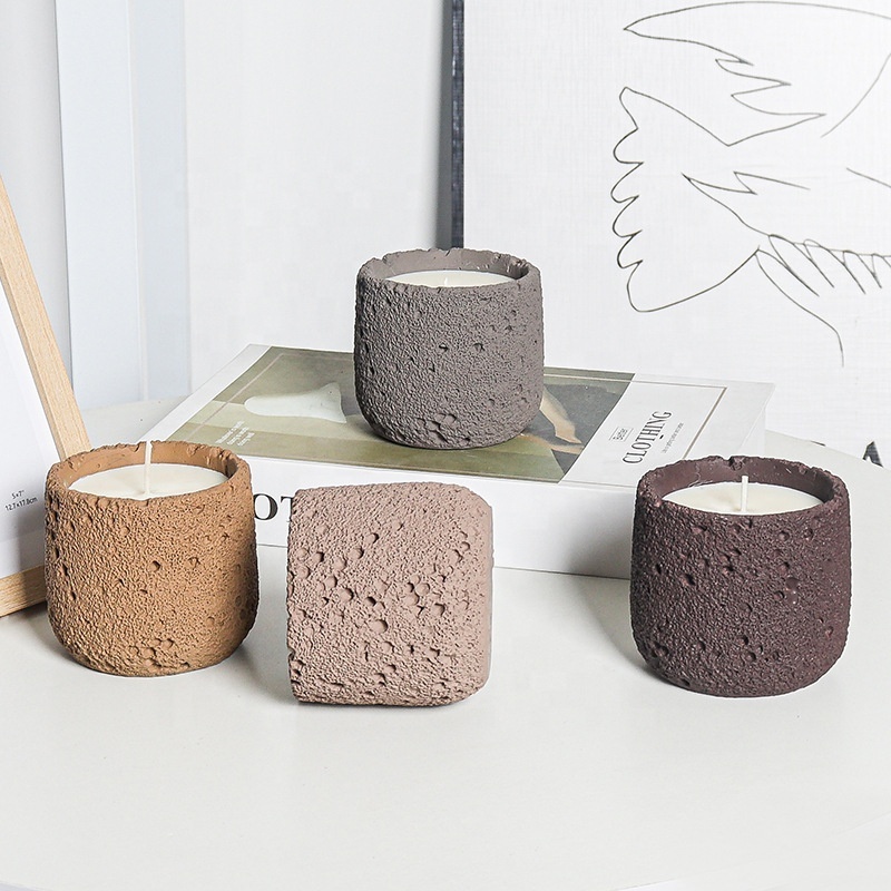 Custom wholesale matte candle vessels embossed empty cement candle container colorful concrete candle jar