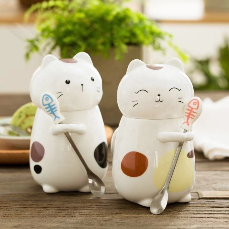 3D Cute Cat Cups Ceramic Mugs with Lid Morning Mug Milk Coffee Unique Cup for gift  & Spoon Cartoon Cup