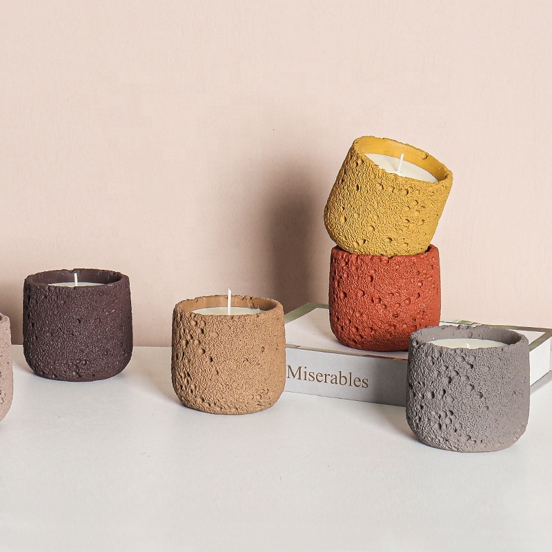 Custom wholesale matte candle vessels embossed empty cement candle container colorful concrete candle jar