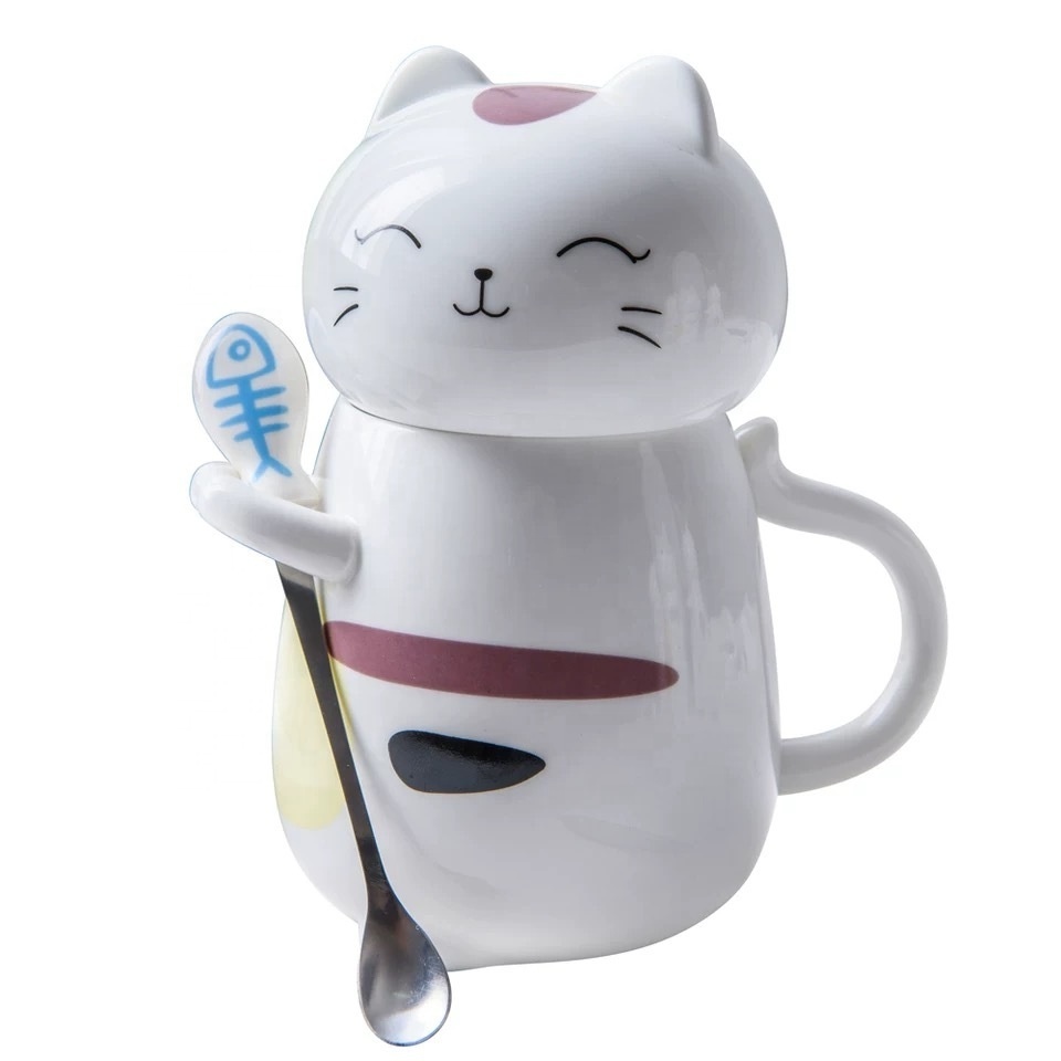 3D Cute Cat Cups Ceramic Mugs with Lid Morning Mug Milk Coffee Unique Cup for gift  & Spoon Cartoon Cup