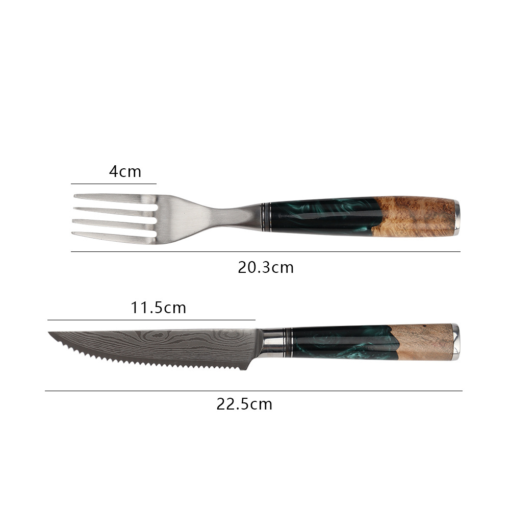 Hip-home  Damascus pattern Kitchen serrated Knives  8pcs Stainless Steel steak Knives and forks set