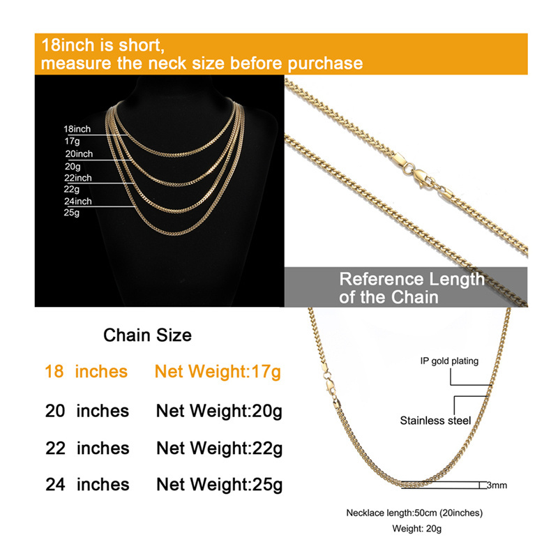 18k Real Gold PVD Plated Stainless Steel Jewelry Non-Tarnish Waterproof Necklace Hip Hop Plain 3mm Franco Chain for Men Women