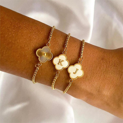 18k Gold Plated Stainless Steel Lucky Shell Pearl Clover Bracelet Adjustable A-Z Initial Clover Bracelet For Women Jewelry