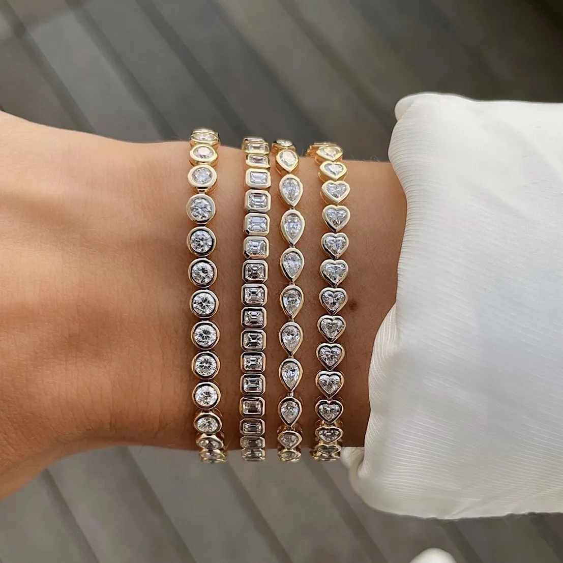 Hip Hop Women Jewelry Iced Out Gold Plated Round Heart Square Cut CZ Link Bracelet Multi Shape Diamond Bezel Tennis Bracelets