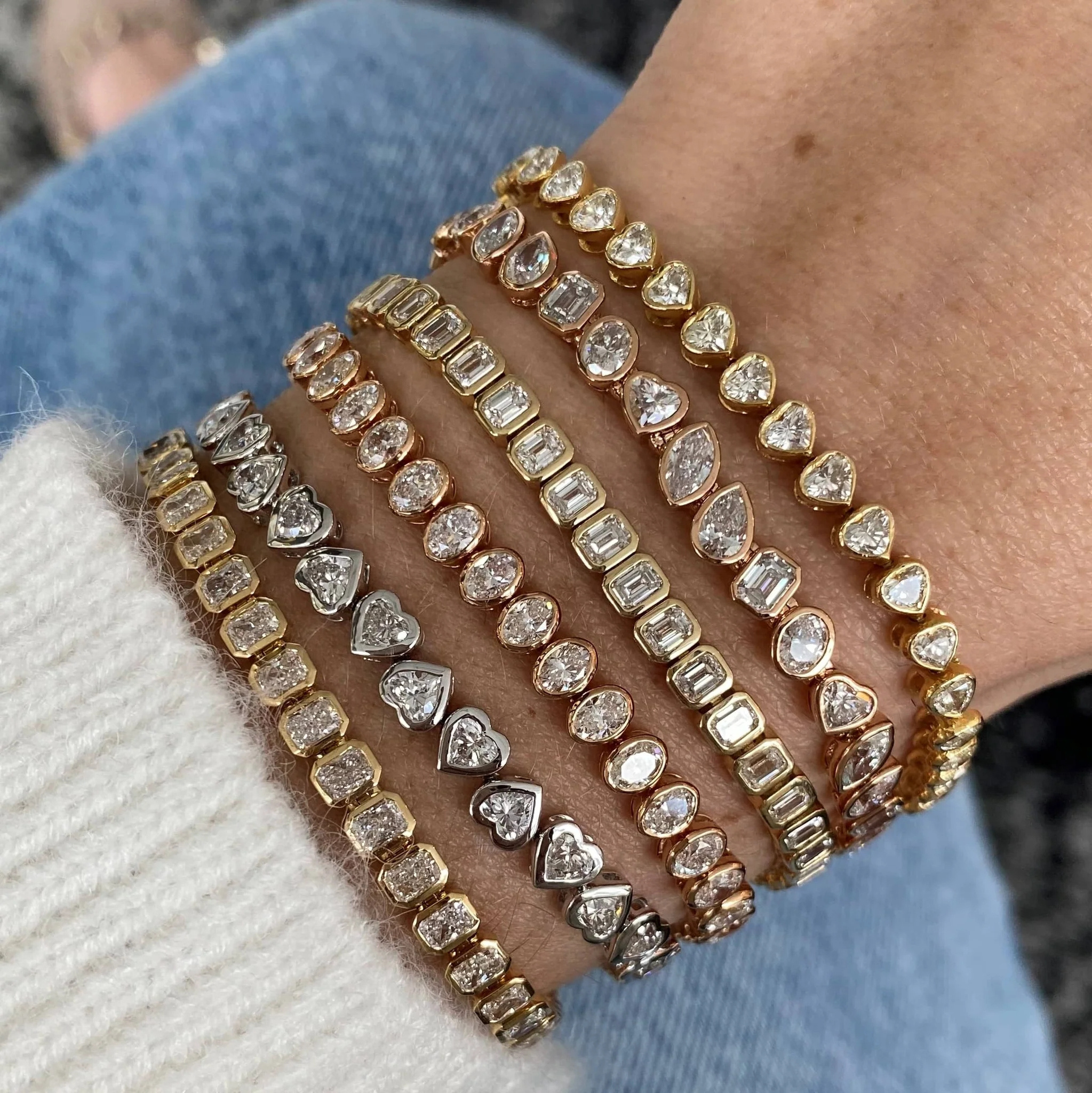 Hip Hop Women Jewelry Iced Out Gold Plated Round Heart Square Cut CZ Link Bracelet Multi Shape Diamond Bezel Tennis Bracelets