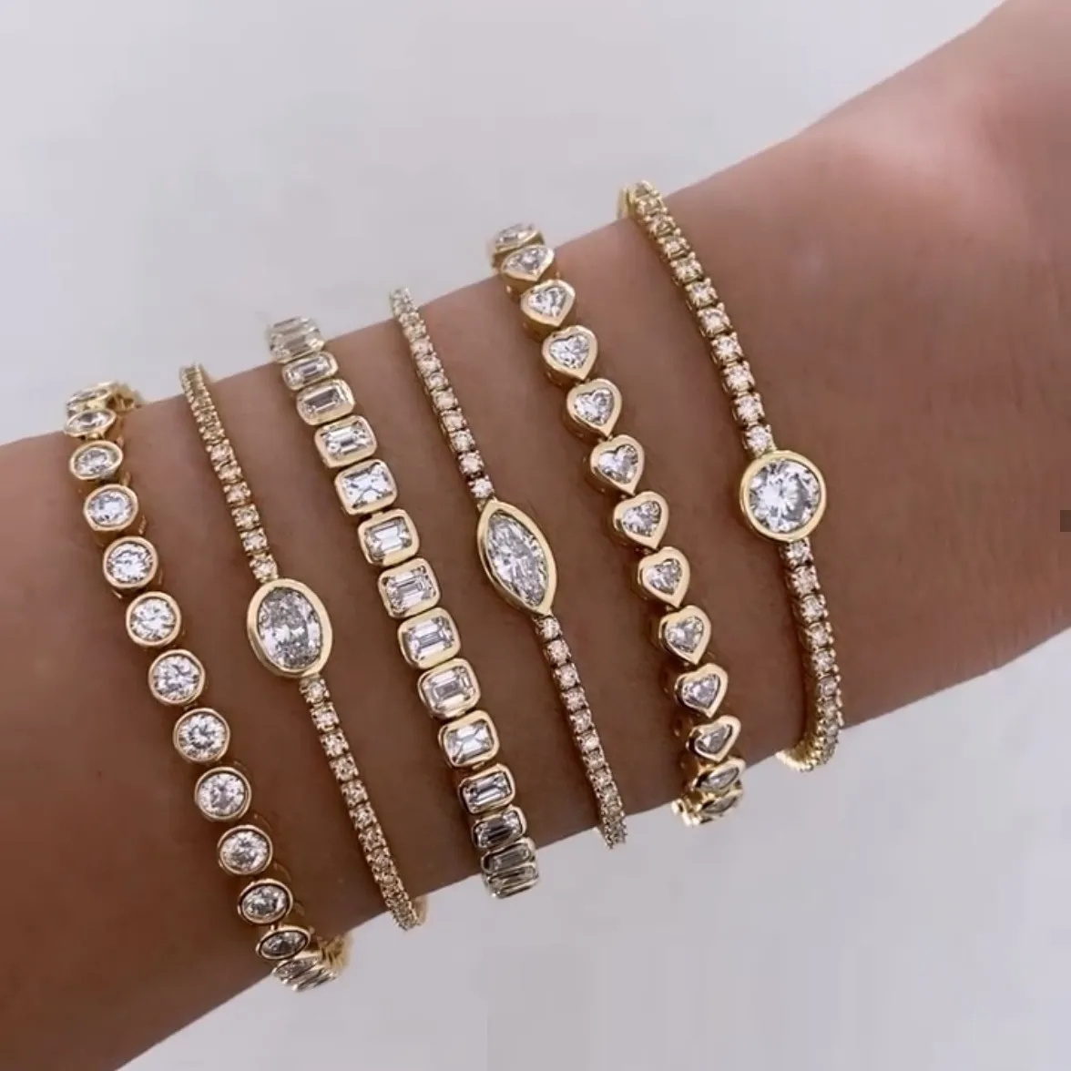 Hip Hop Women Jewelry Iced Out Gold Plated Round Heart Square Cut CZ Link Bracelet Multi Shape Diamond Bezel Tennis Bracelets