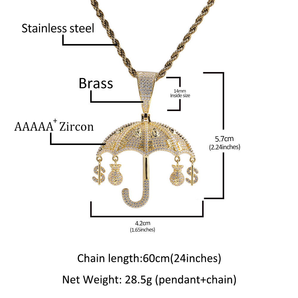 DE Shiny Fashion Stylish Hiphop Jewelry Iced Striking Zircon Brass Umbrella Pendant Necklace