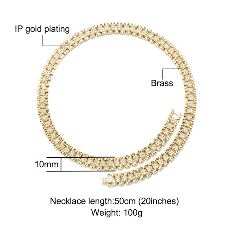 Trendy Jewelry Bling Hiphop Gold Plated Brass 10mm Watch- Strap Shape Chains Zircon Bracelets Necklace